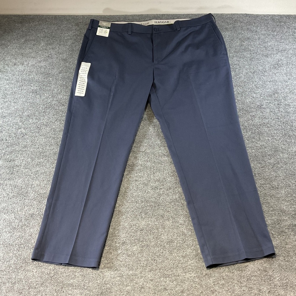 Haggar Mens Wrinkle Free Performance Khaki Pants Navy Blue Straight Fit 42x30